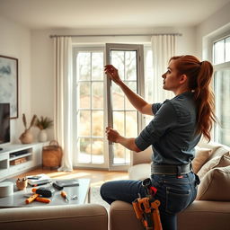 An extremely realistic photo of a female figure resembling Madison Ivy, a skilled tradeswoman, replacing a window in a bright, modern living room