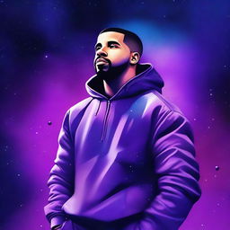 This is a high-quality digital art piece featuring the famous rapper Drake, floating in space