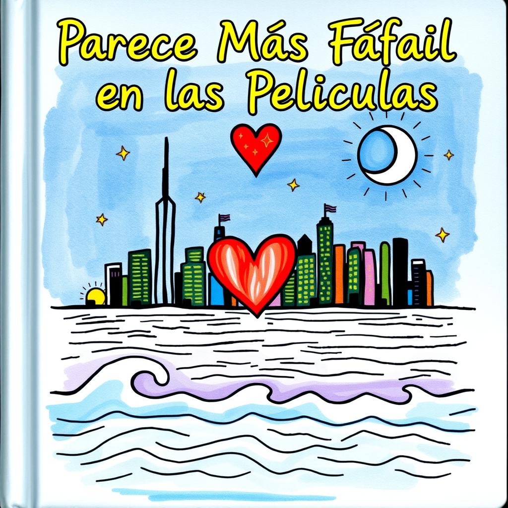 The cover of a book titled "Parece Más Fácil en las Películas", featuring a charming hand-drawn illustration that highlights the recognizable skyline of New York City