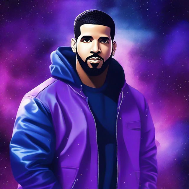 This is a high-quality digital art piece featuring the famous rapper Drake, floating in space