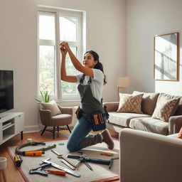 An extremely realistic photo of a female figure resembling Mia Khalifa, a skilled tradeswoman, replacing a window in a bright, modern living room