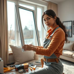 An extremely realistic photo of a female figure resembling Mia Khalifa, a skilled tradeswoman, replacing a window in a bright, modern living room