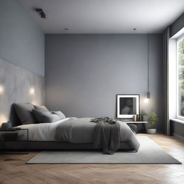 A high-quality 3D render of a master bedroom drenched in various shades of grey