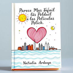The cover of a book titled "Parece Más Fácil en las Películas" by author Natalia Ardaya, showcasing a delightful hand-drawn illustration featuring the iconic skyline of New York City