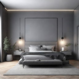 A high-quality 3D render of a master bedroom drenched in various shades of grey