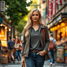 A realistic woman around 40 years old of European descent, showcasing long blonde hair, wearing fashionable and comfortable everyday clothing