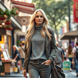 A realistic woman around 40 years old of European descent, showcasing long blonde hair, wearing fashionable and comfortable everyday clothing