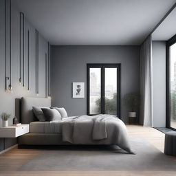 A high-quality 3D render of a master bedroom drenched in various shades of grey