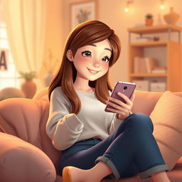 A 3D illustration of a woman with brown hair, dressed in casual clothing, sitting comfortably in a cozy room