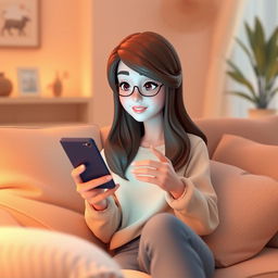 A 3D illustration of a woman with brown hair, dressed in casual clothing, sitting comfortably in a cozy room