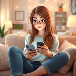 A 3D illustration of a woman with brown hair, dressed in casual clothing, sitting comfortably in a cozy room