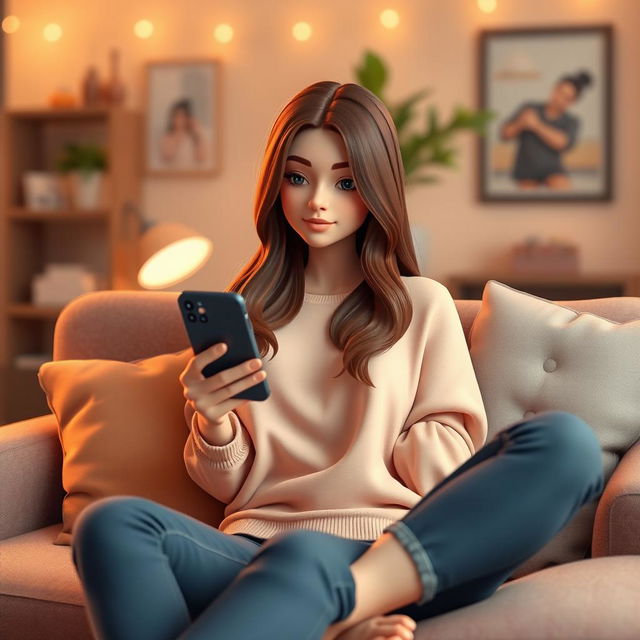 A 3D illustration of a woman with brown hair, dressed in casual clothing, sitting comfortably in a cozy room