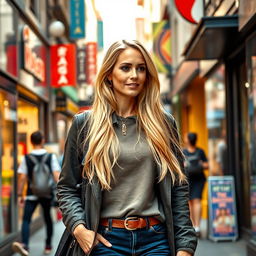 A realistic woman around 40 years old of European descent, showcasing long blonde hair, dressed in fashionable yet casual full-length clothing suitable for everyday life