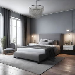 A high-quality 3D render of a master bedroom drenched in various shades of grey