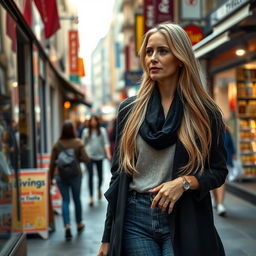 A realistic woman around 40 years old of European descent, showcasing long blonde hair, dressed in fashionable yet casual full-length clothing suitable for everyday life