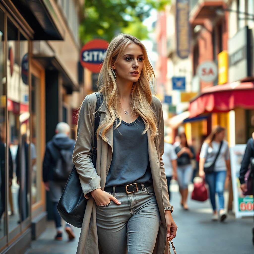 A realistic woman around 40 years old of European descent, showcasing long blonde hair, dressed in fashionable yet casual full-length clothing suitable for everyday life