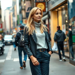 A realistic woman around 40 years old of European descent, with long blonde hair, dressed in chic and full-length everyday clothing suitable for city life