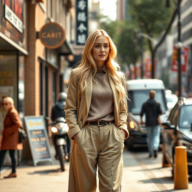 A realistic woman around 40 years old of European descent, with long blonde hair, dressed in chic and full-length everyday clothing suitable for city life