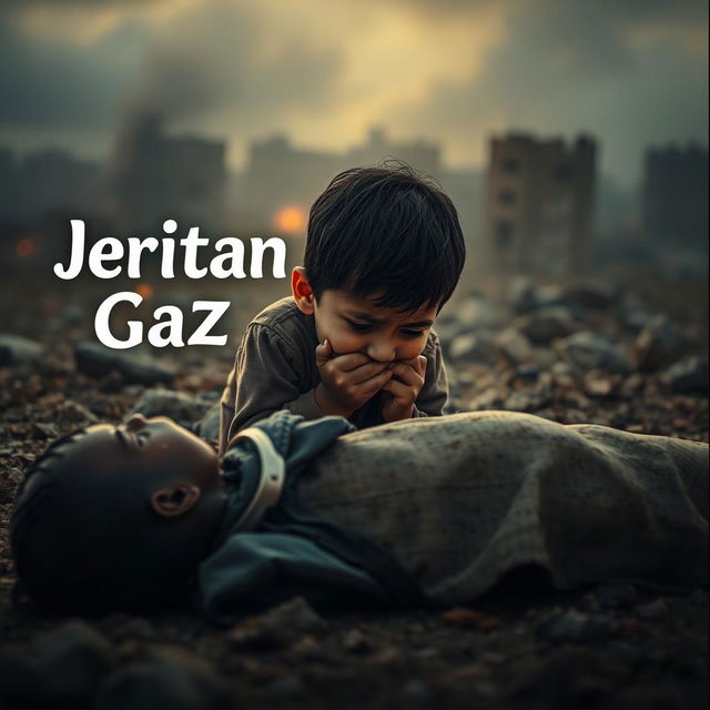 A poignant and heartfelt image capturing the scene of a Palestinian child in mourning, crying over the lifeless body of a loved one in the backdrop of Gaza