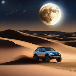 An exquisite digital art scene capturing the vastness of the Dakar desert at night