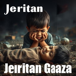 A poignant and heartfelt image capturing the scene of a Palestinian child in mourning, crying over the lifeless body of a loved one in the backdrop of Gaza