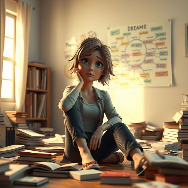 A 3D woman with a sad expression trying to cheer herself up, sitting in a messy room filled with books scattered across the floor