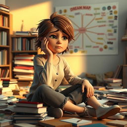 A 3D woman with a sad expression trying to cheer herself up, sitting in a messy room filled with books scattered across the floor