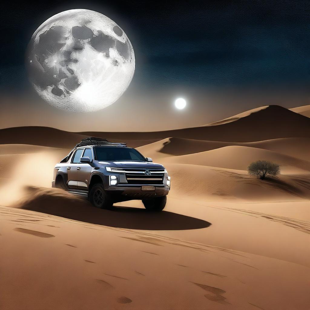 An exquisite digital art scene capturing the vastness of the Dakar desert at night