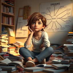 A 3D woman with a sad expression trying to cheer herself up, sitting in a messy room filled with books scattered across the floor