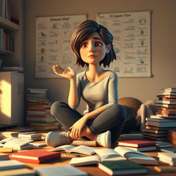 A 3D woman with a sad expression trying to cheer herself up, sitting in a messy room filled with books scattered across the floor