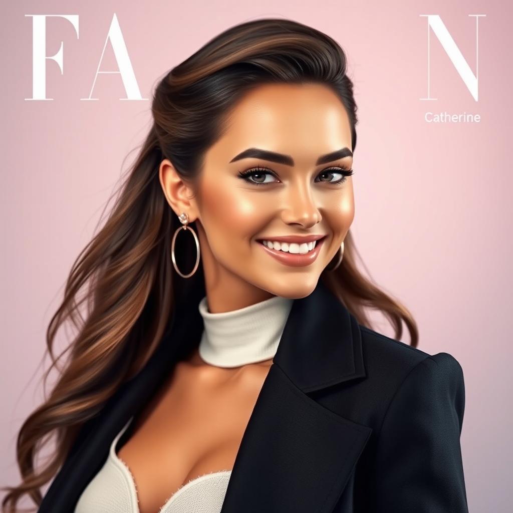 A stunning portrait of a woman named Catherine, showcasing her beauty with a focus on her well-defined features, elegant hairstyle, and captivating smile