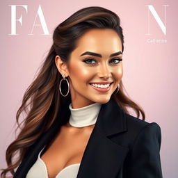 A stunning portrait of a woman named Catherine, showcasing her beauty with a focus on her well-defined features, elegant hairstyle, and captivating smile