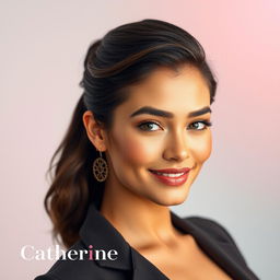 A stunning portrait of a woman named Catherine, showcasing her beauty with a focus on her well-defined features, elegant hairstyle, and captivating smile