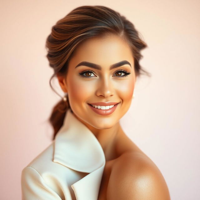 A stunning portrait of a woman named Catherine, showcasing her beauty with a focus on her well-defined features, elegant hairstyle, and captivating smile