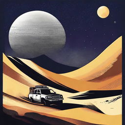 A striking screen print image showcasing the Dakar desert under the night sky