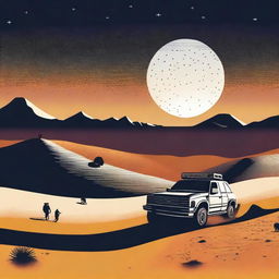 A striking screen print image showcasing the Dakar desert under the night sky