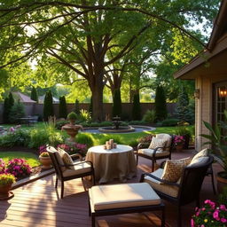 A beautifully designed patio in a serene garden setting, featuring elegant outdoor furniture, lush greenery, and vibrant flower beds
