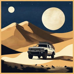 A striking screen print image showcasing the Dakar desert under the night sky