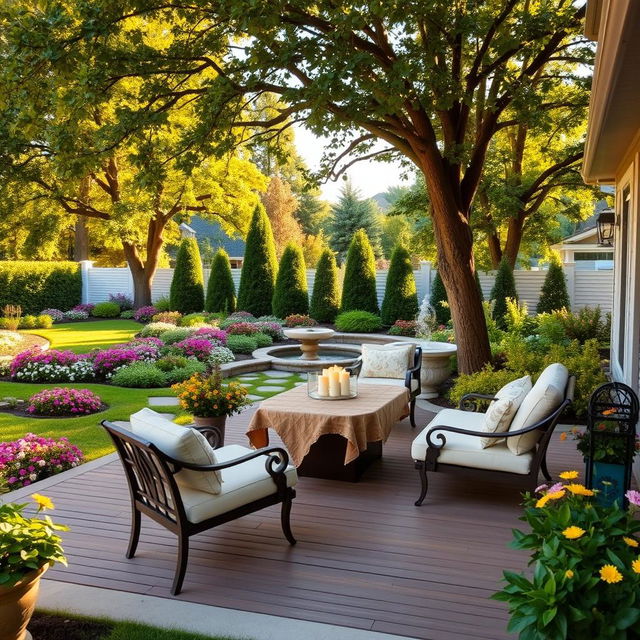 A beautifully designed patio in a serene garden setting, featuring elegant outdoor furniture, lush greenery, and vibrant flower beds