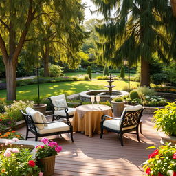 A beautifully designed patio in a serene garden setting, featuring elegant outdoor furniture, lush greenery, and vibrant flower beds
