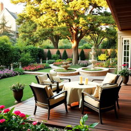 A beautifully designed patio in a serene garden setting, featuring elegant outdoor furniture, lush greenery, and vibrant flower beds