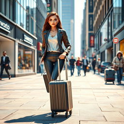 A 3D rendered woman confidently walking while dragging a wheeled suitcase on a bustling city street