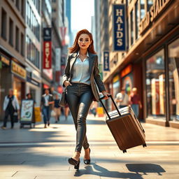 A 3D rendered woman confidently walking while dragging a wheeled suitcase on a bustling city street