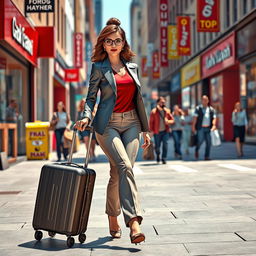 A 3D rendered woman confidently walking while dragging a wheeled suitcase on a bustling city street