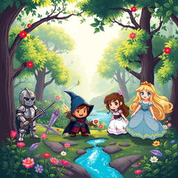 A vibrant and colorful pixel art scene featuring a variety of unique pixel characters