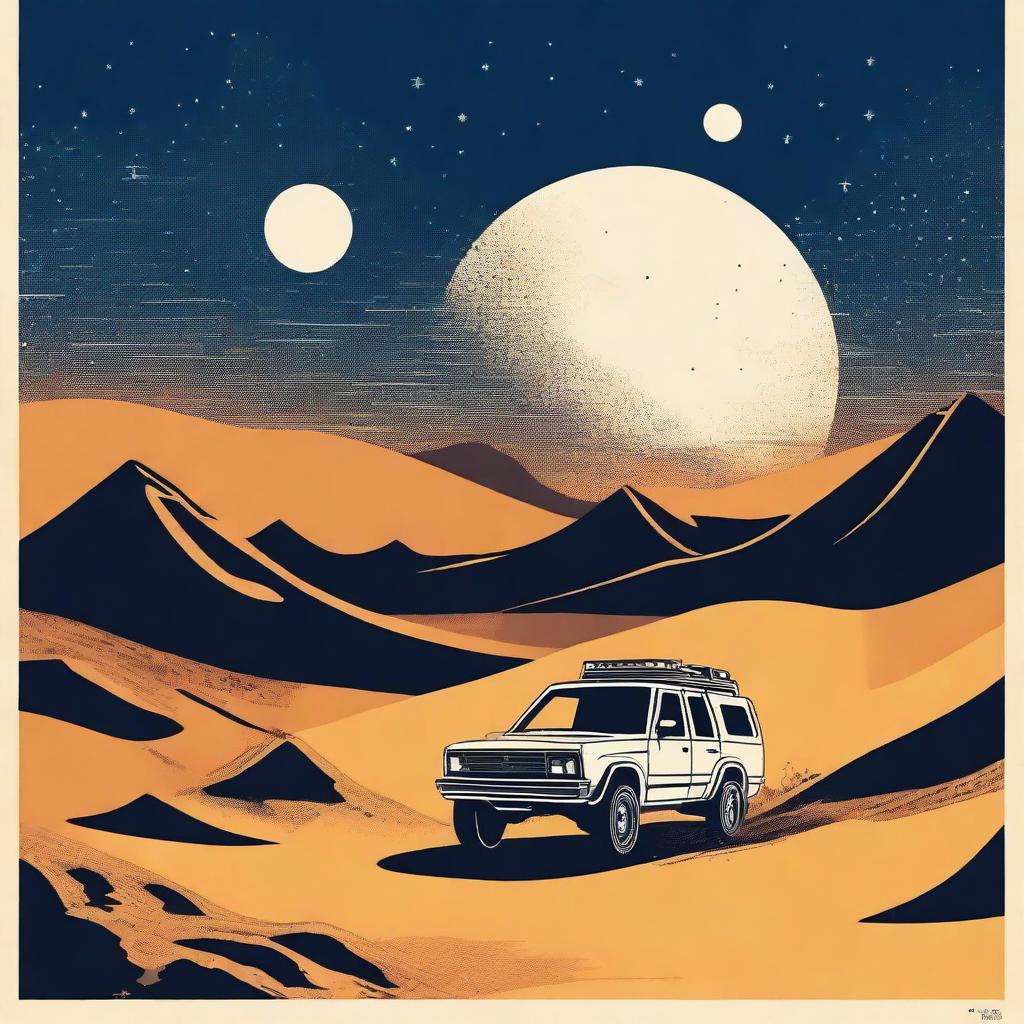 A striking screen print image showcasing the Dakar desert under the night sky