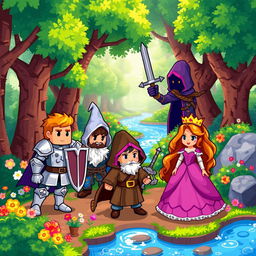 A vibrant and colorful pixel art scene featuring a variety of unique pixel characters
