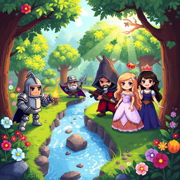 A vibrant and colorful pixel art scene featuring a variety of unique pixel characters