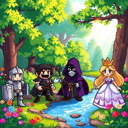 A vibrant and colorful pixel art scene featuring a variety of unique pixel characters