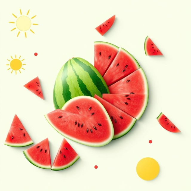 An artistic representation of a watermelon idiogram, showcasing vibrant slices of watermelon arranged in a visually striking manner